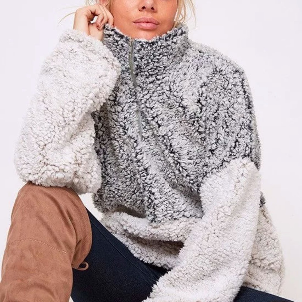 NEW 2 TONE FAUX FUR SHERPA PULL OVER TOP JACKET - Picture 3 of 6